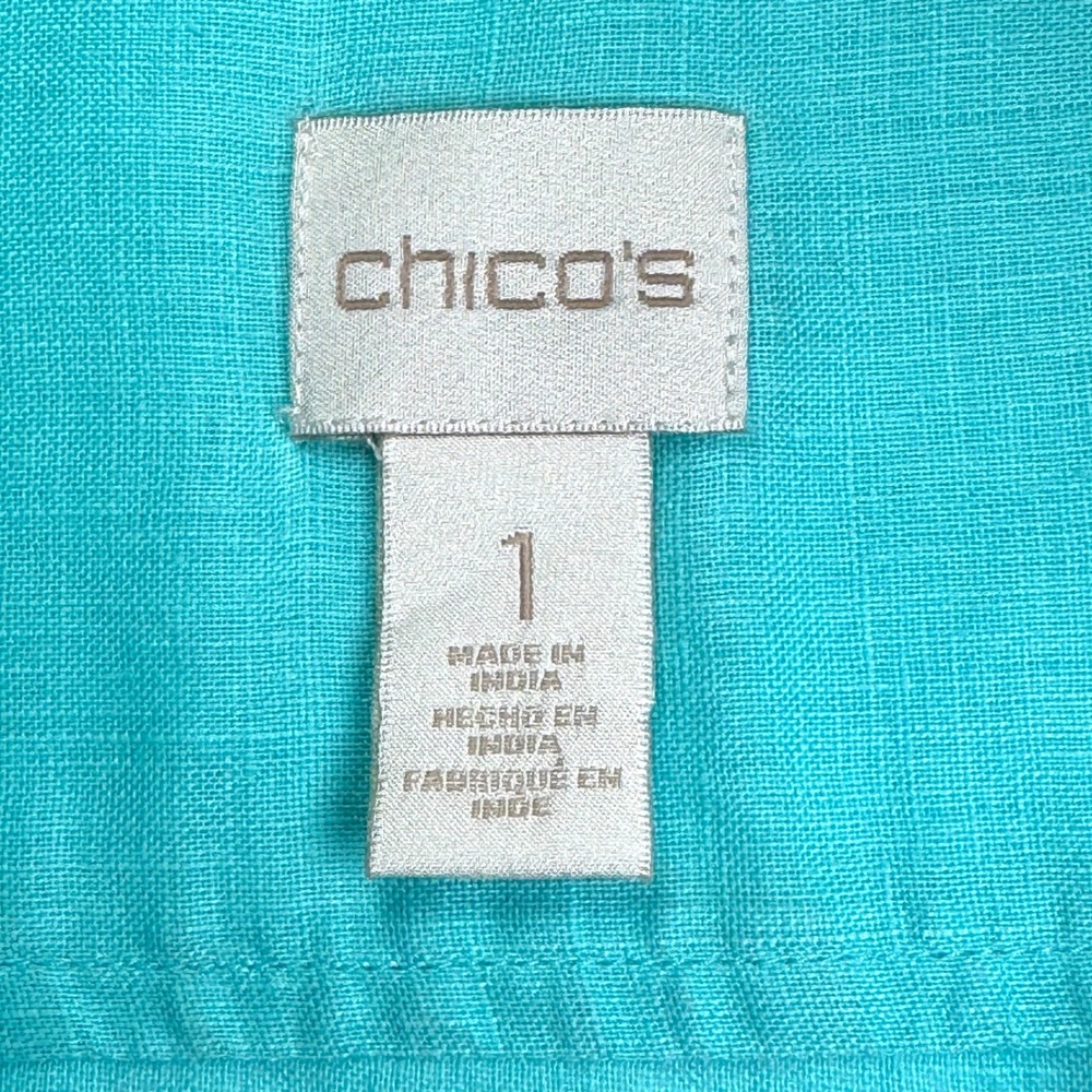 Chicos Womens Turquoise 100% Linen Button Down Roll Tab Shirt Aqua Size 1 Medium - Picture 8 of 10